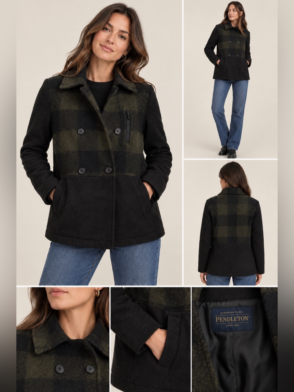 Pendleton Women’s Wool Plaid Coat Jacket Black Olive S/P Petite